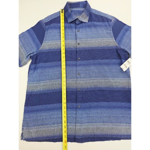 Tasso Elba Mens Size XL Blue Gray Stripe Short Sleeve Linen Blend Shirt NWT - Picture 9 of 10